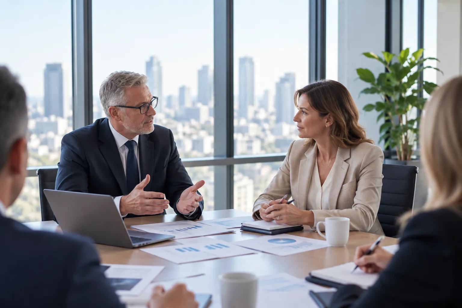 Financial professionals in a strategic meeting with natural light
