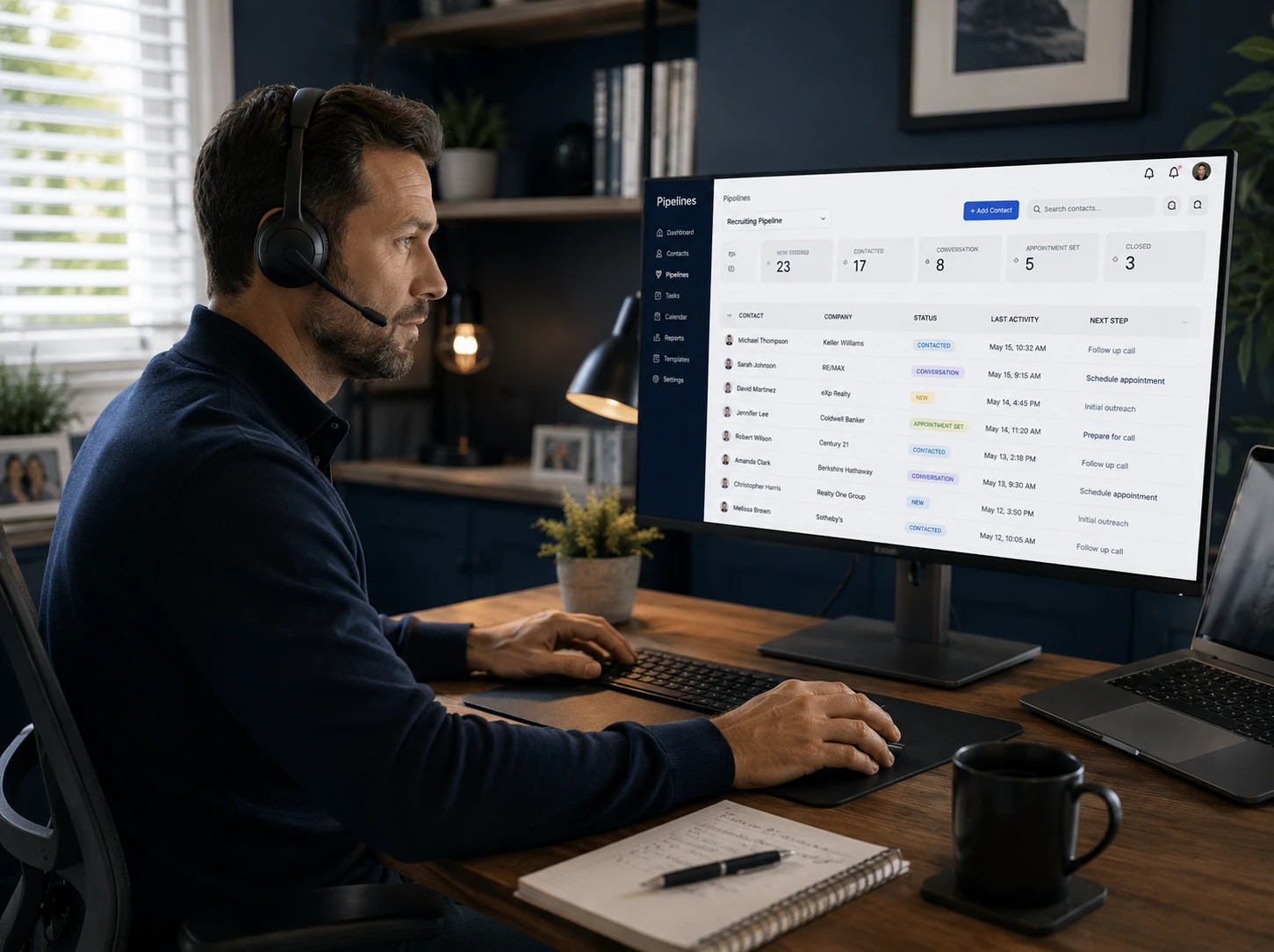 Professional working at desk with phone and laptop