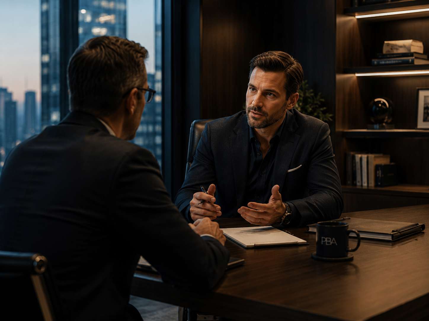 Executive caller speaking with a business owner in a private office