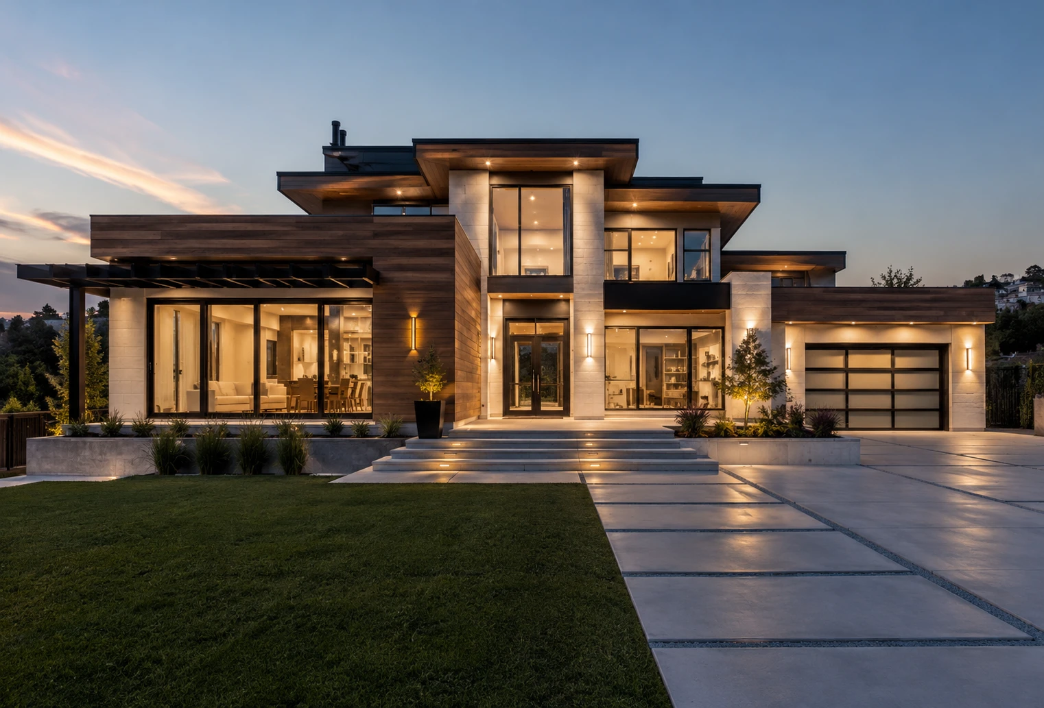 Illuminated luxury villa with modern architecture