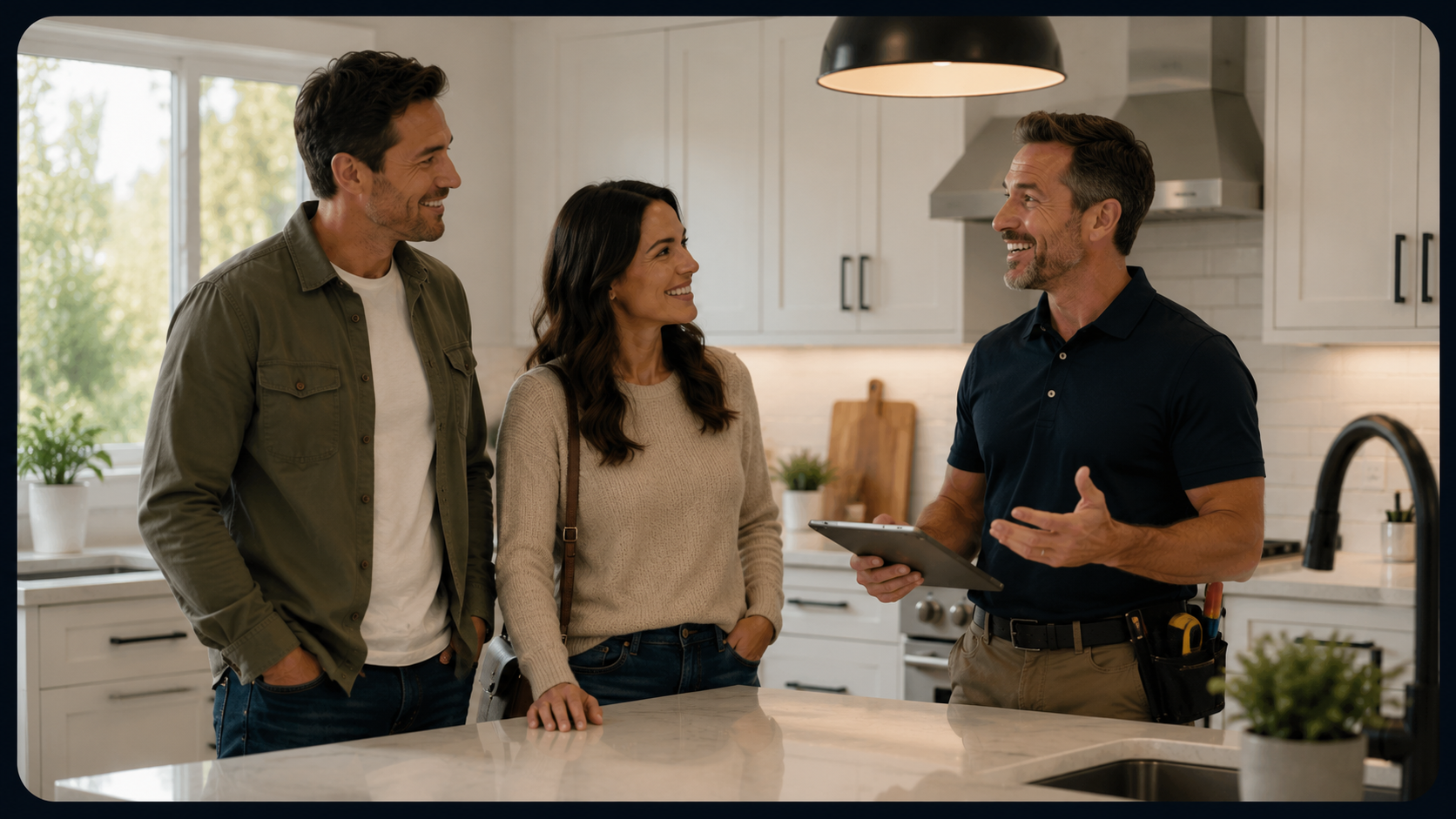Home inspector meeting with clients in a kitchen