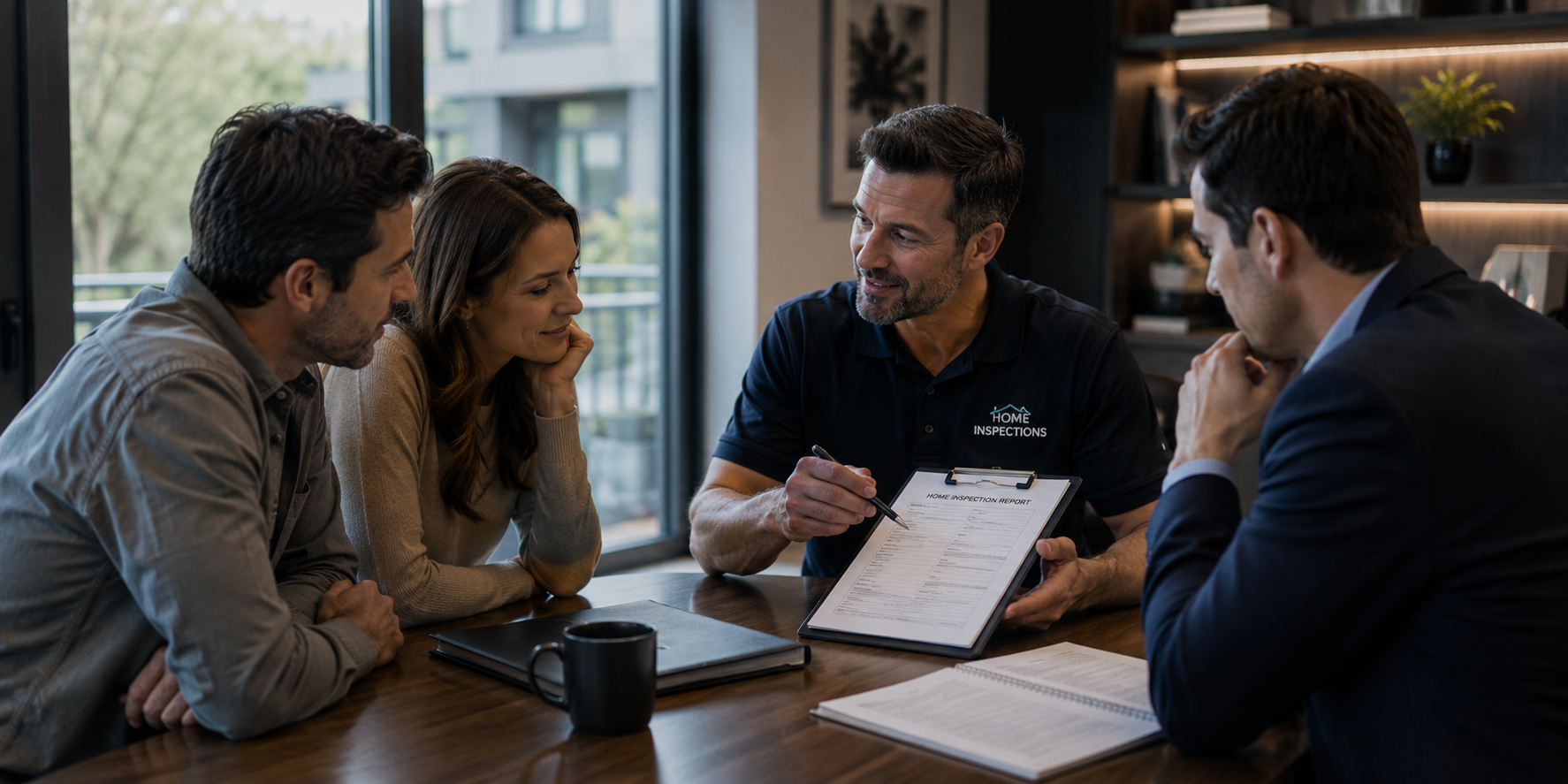 Home inspector reviewing findings with buyers and their Realtor outside a home