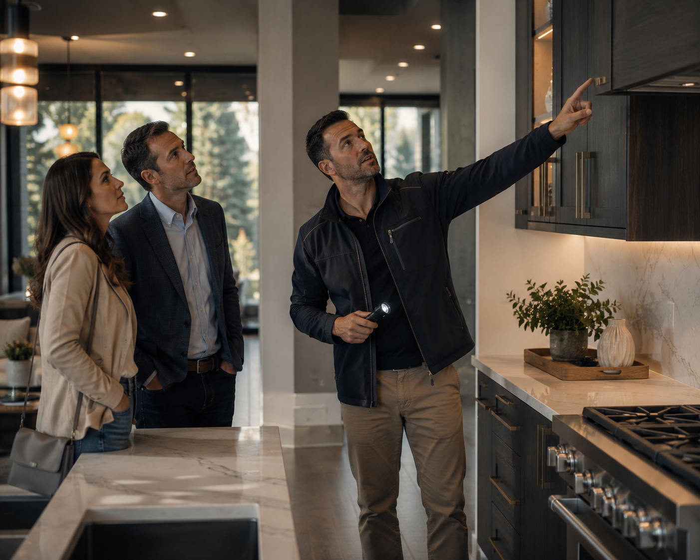 Inspector walking buyers through a luxury kitchen with their Realtor