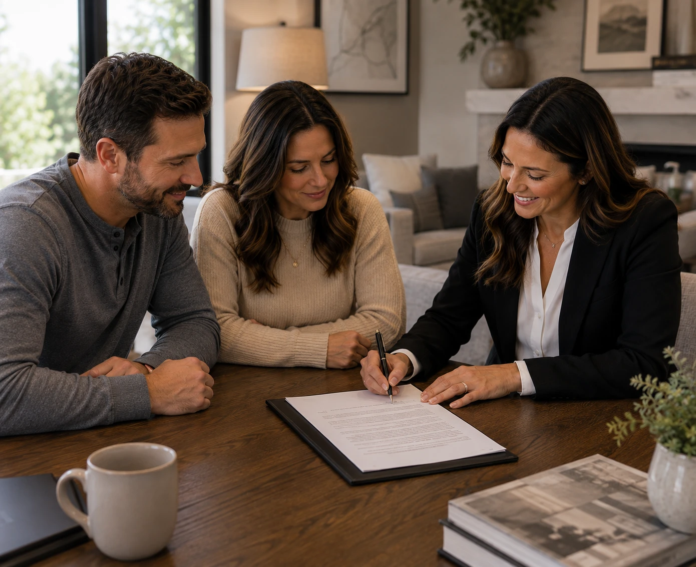 Real estate agent presenting plans to clients in a modern kitchen