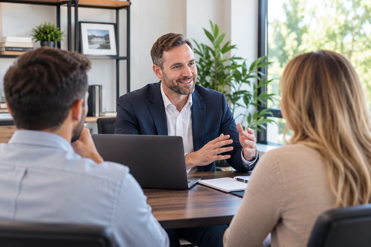 Mortgage broker meeting clients in an office discussing agreements