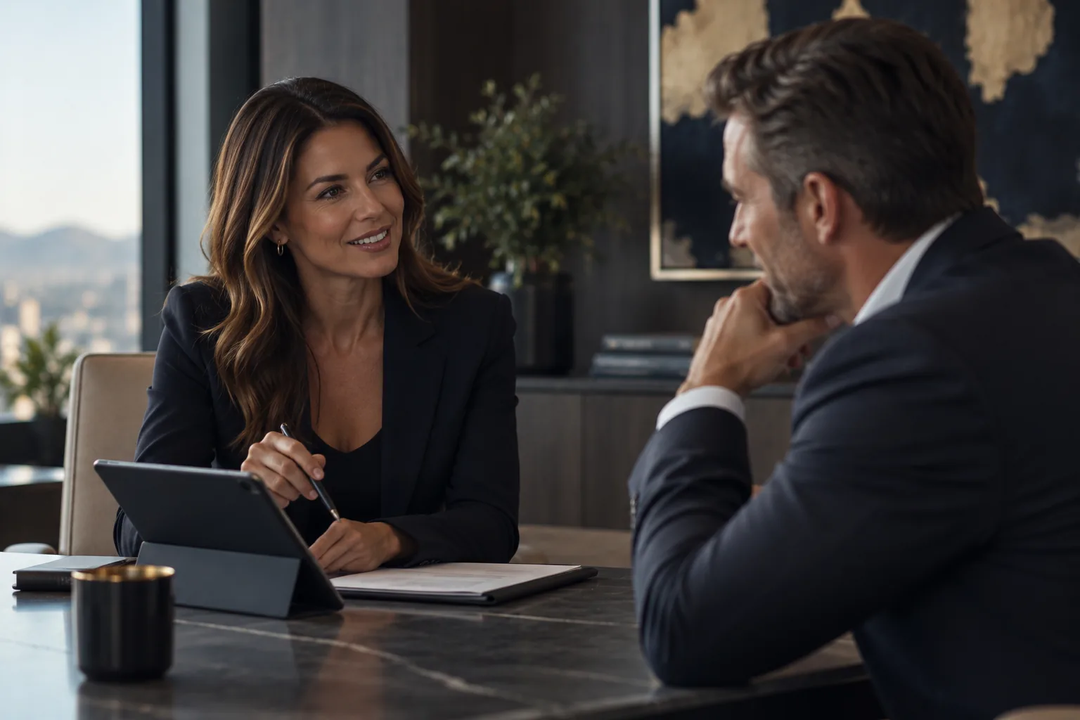 Mortgage professional working at desk in a modern office
