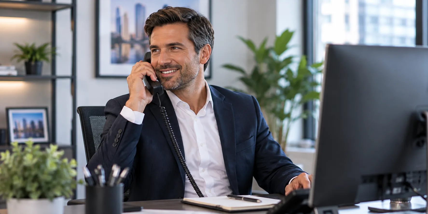 Dedicated executive caller on a phone at a workstation