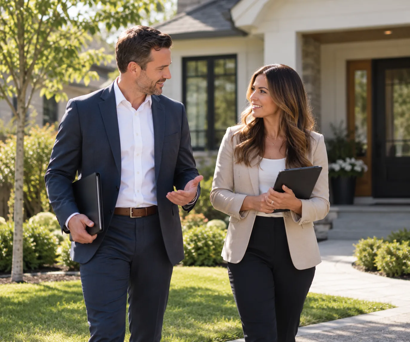 Mortgage broker and Realtor in conversation in a residential setting