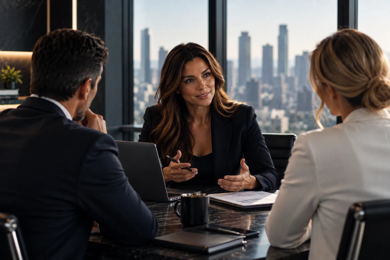 Men and woman discussing mortgage with broker in a modern office