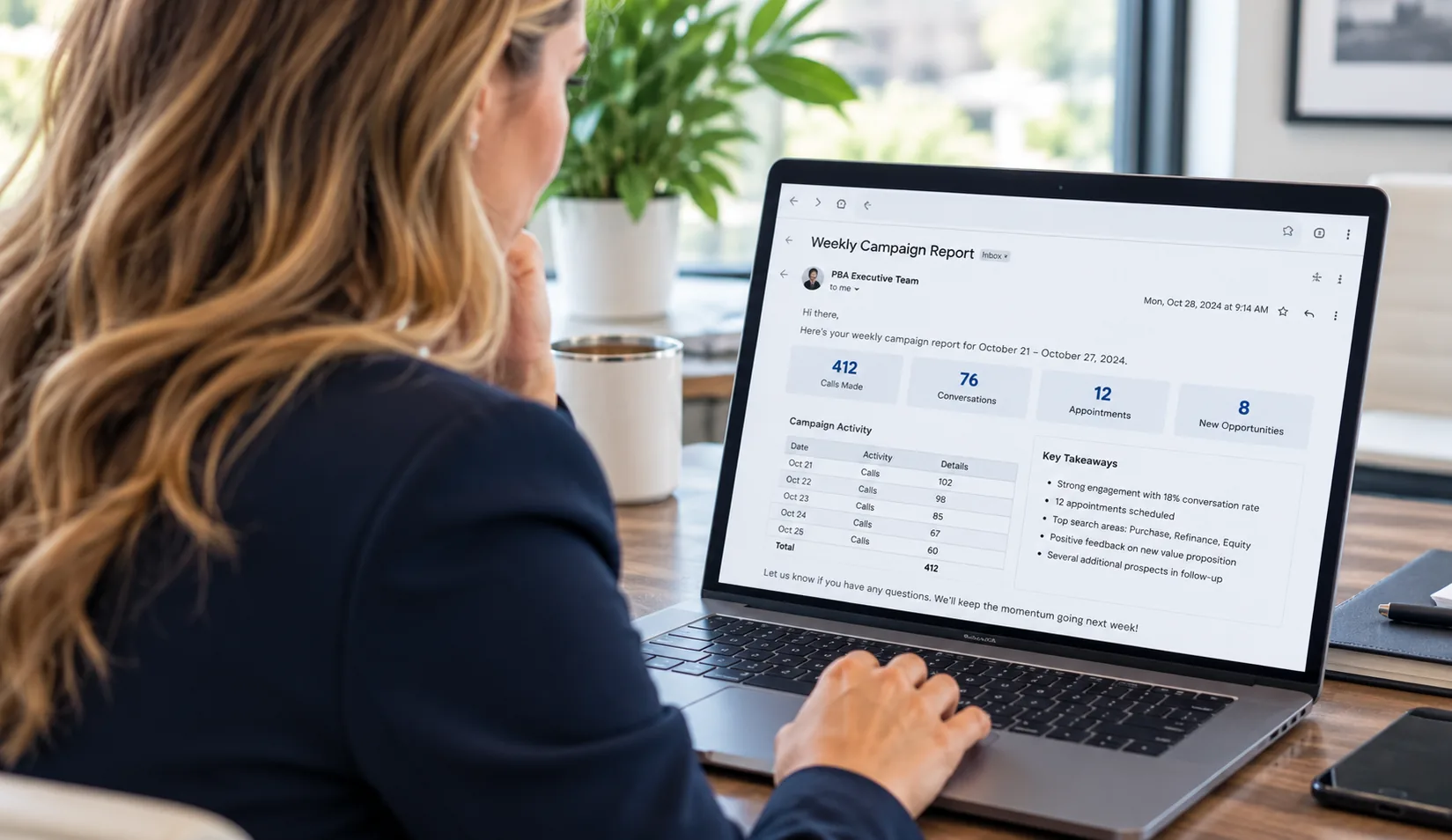 Client reviewing an emailed campaign report on a laptop screen