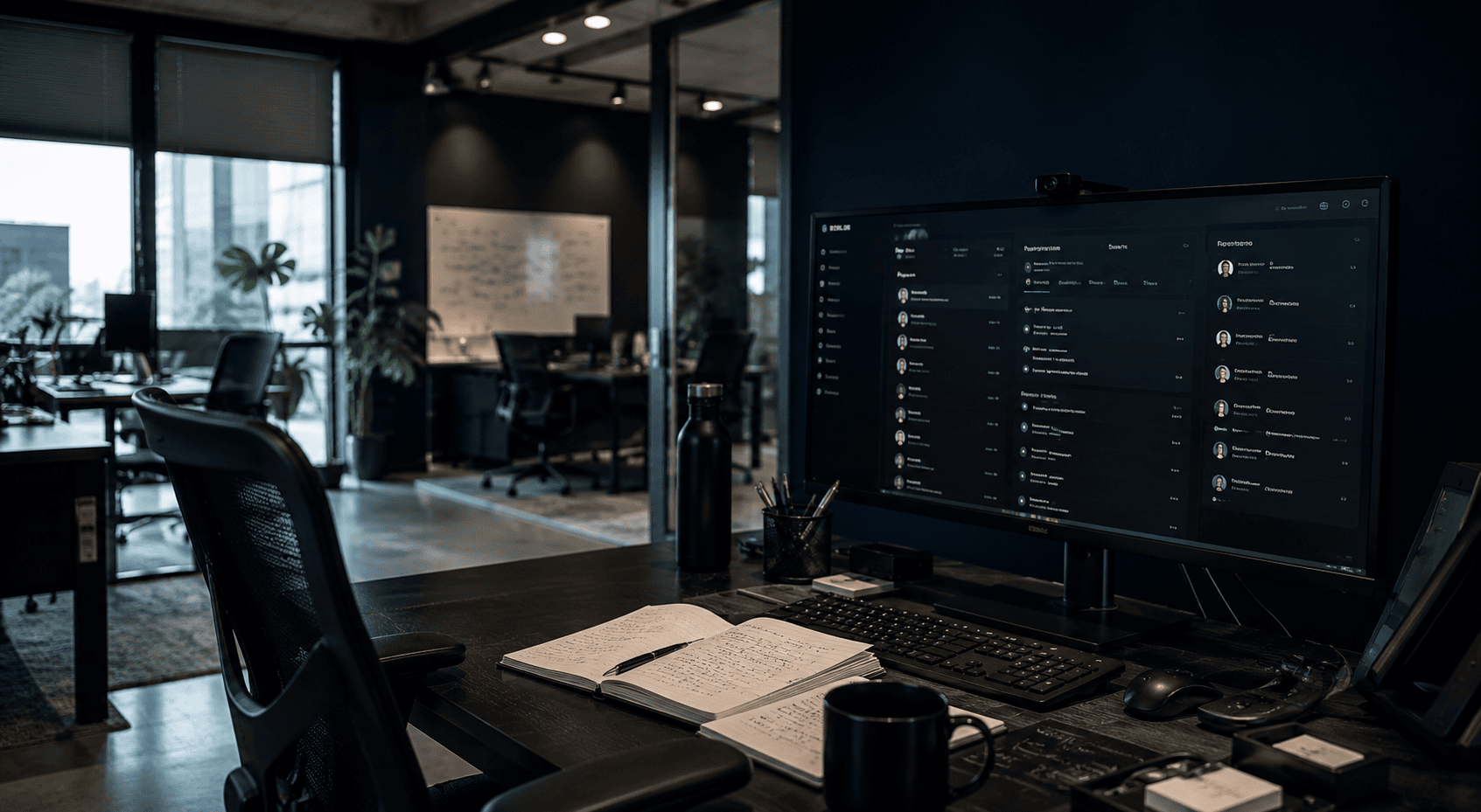 Dark office workspace with a CRM monitor, notebook and desk
