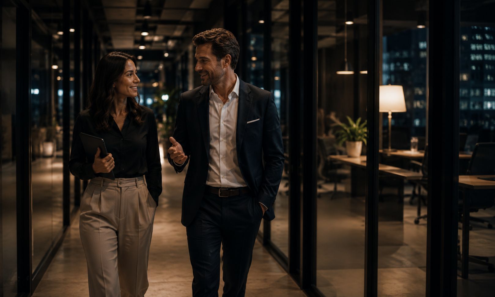 Two professionals walking and talking together through a modern office corridor