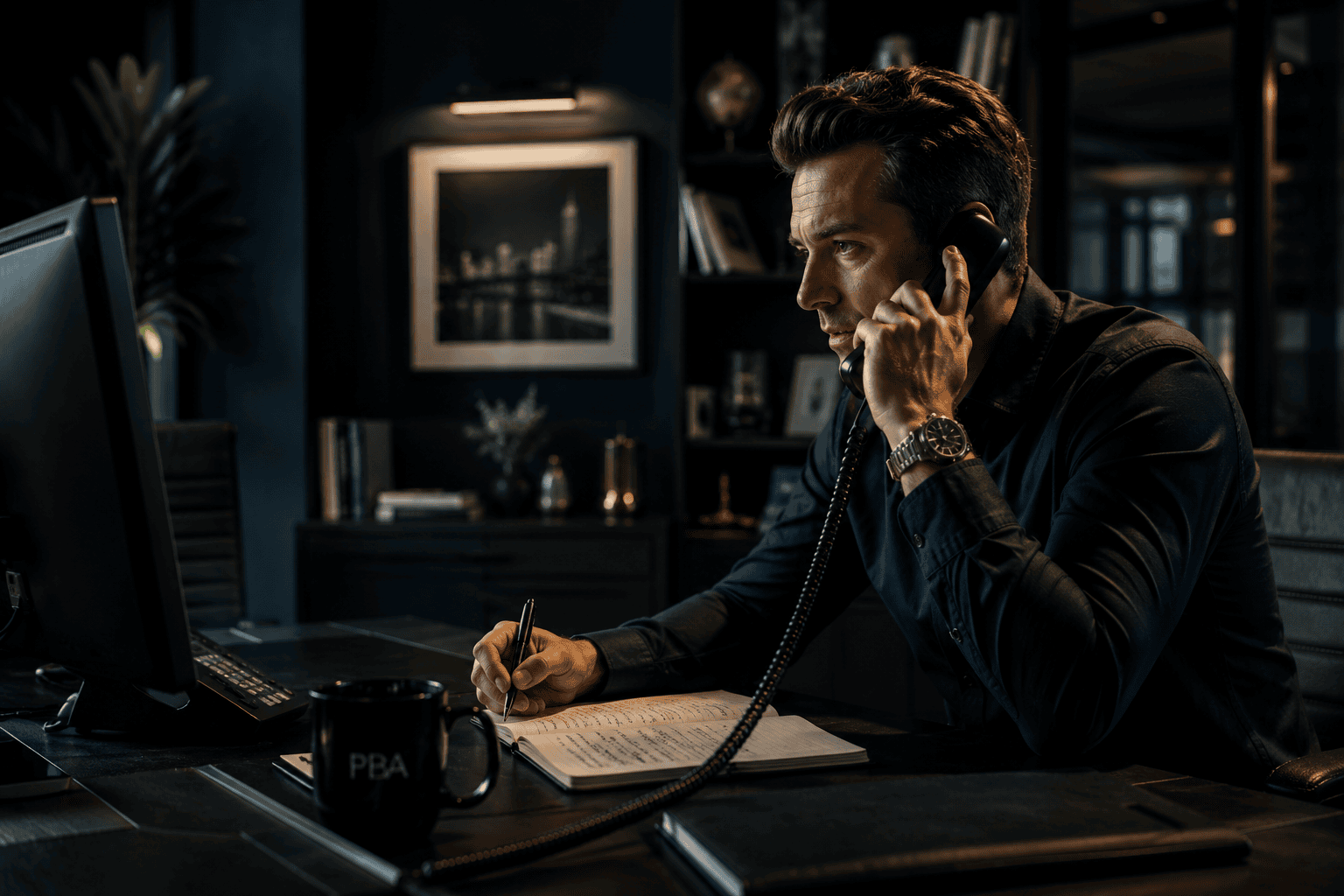 Executive on the phone taking handwritten notes at his desk