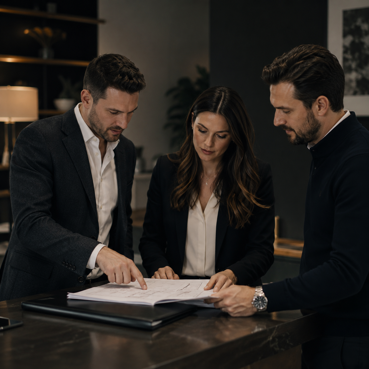 Professionals reviewing real estate plans together