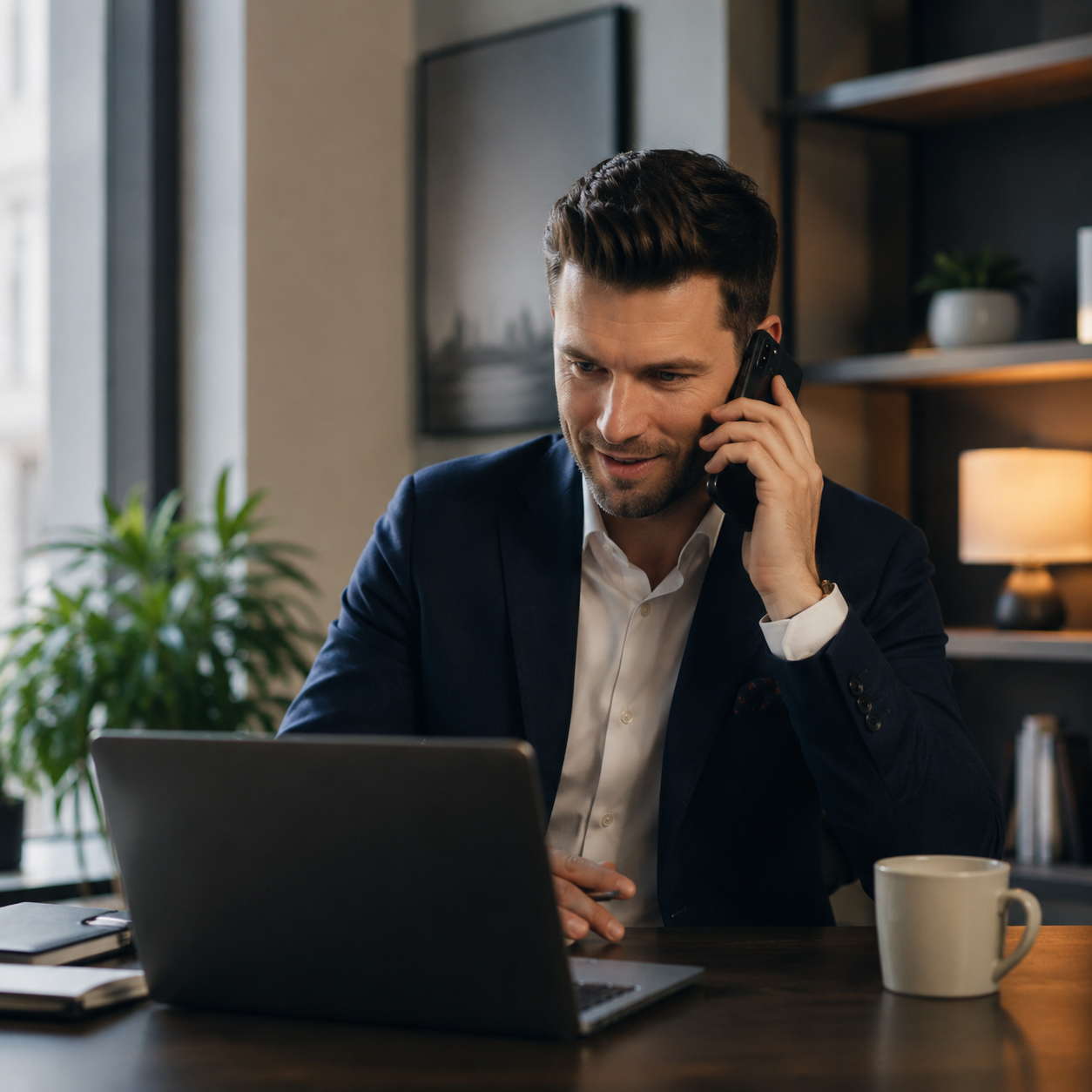 Professional on a focused phone call in a modern office