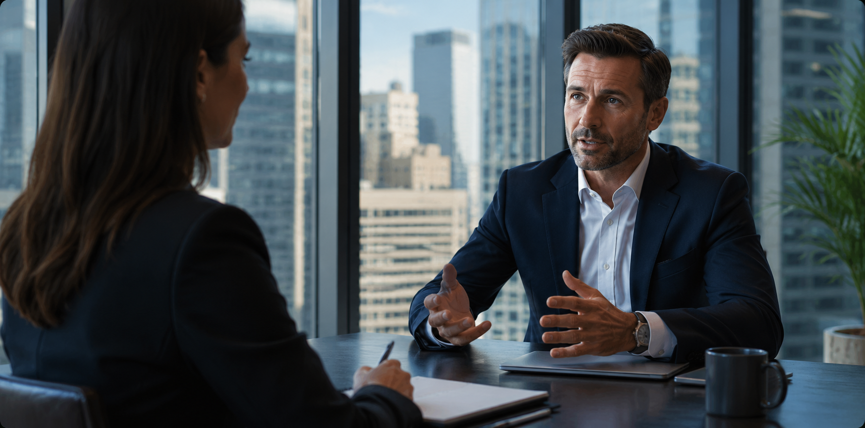Broker owner meeting with real estate agents to discuss recruiting strategy
