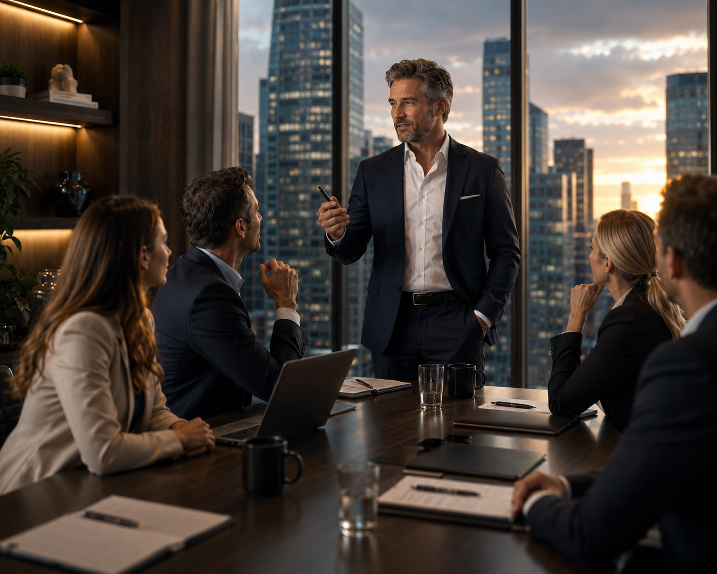 Executive leadership meeting overlooking the city
