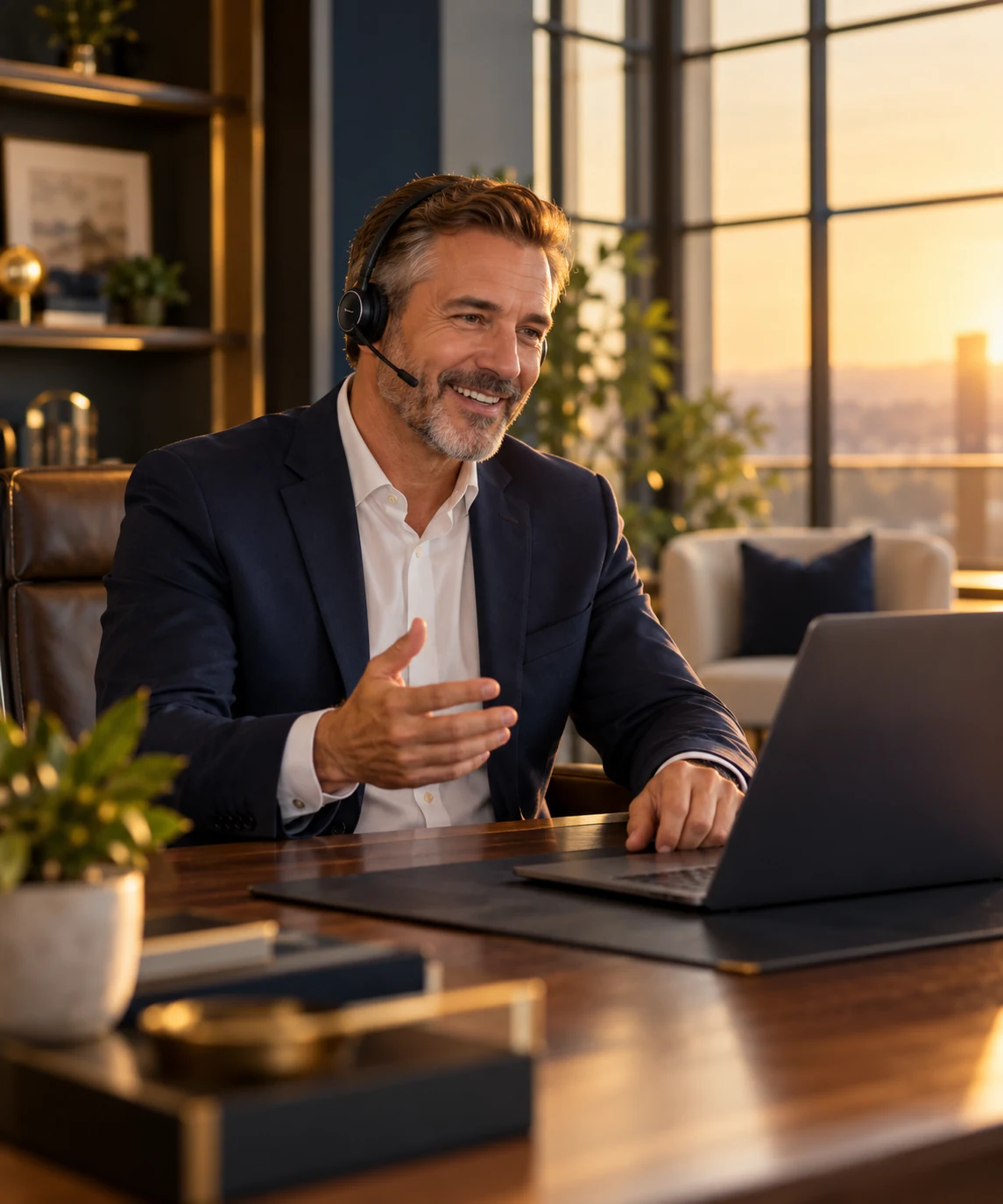 Executive caller speaking on a headset at his desk