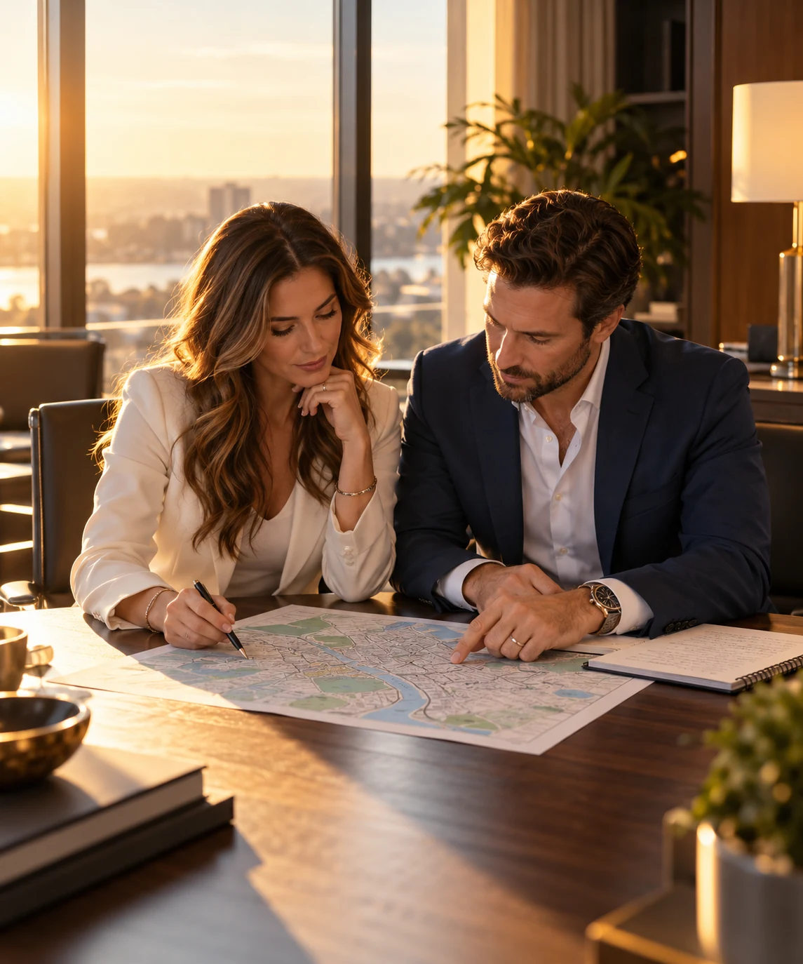 Two colleagues reviewing a neighborhood map and contact notes