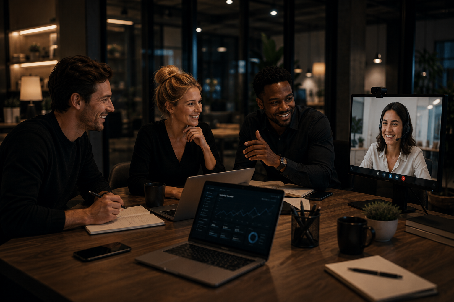 Client experience team collaborating in a premium office environment
