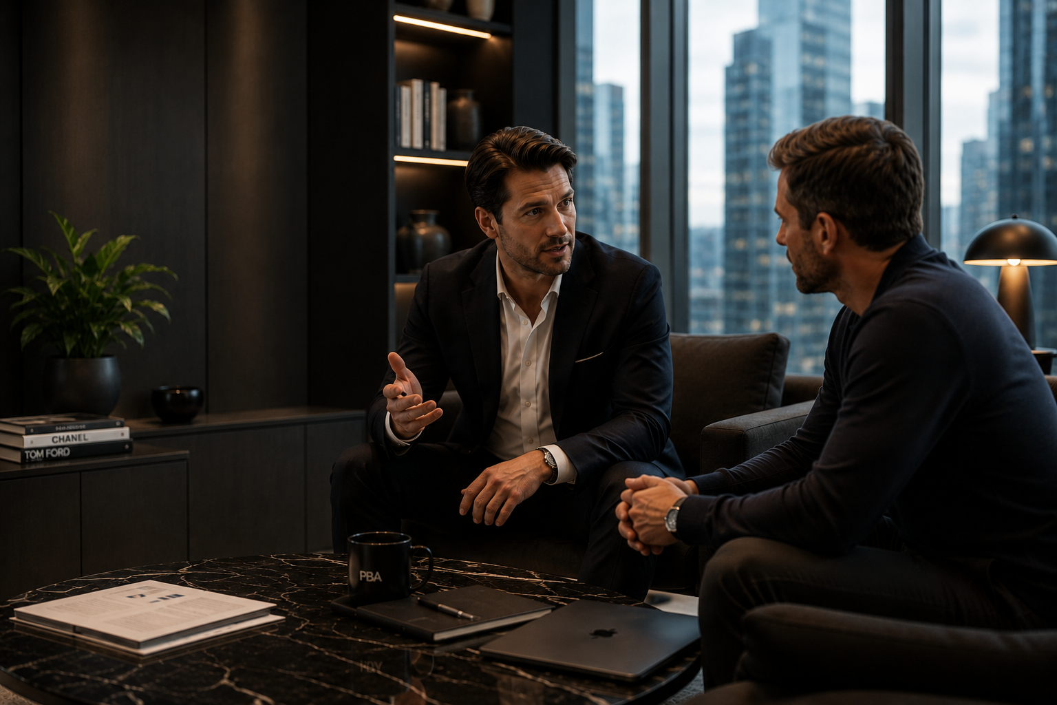 Two professionals in a high-rise office discussing long-term partnership strategy