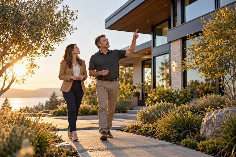 A home inspector and real estate agent walking outside a beautiful house
